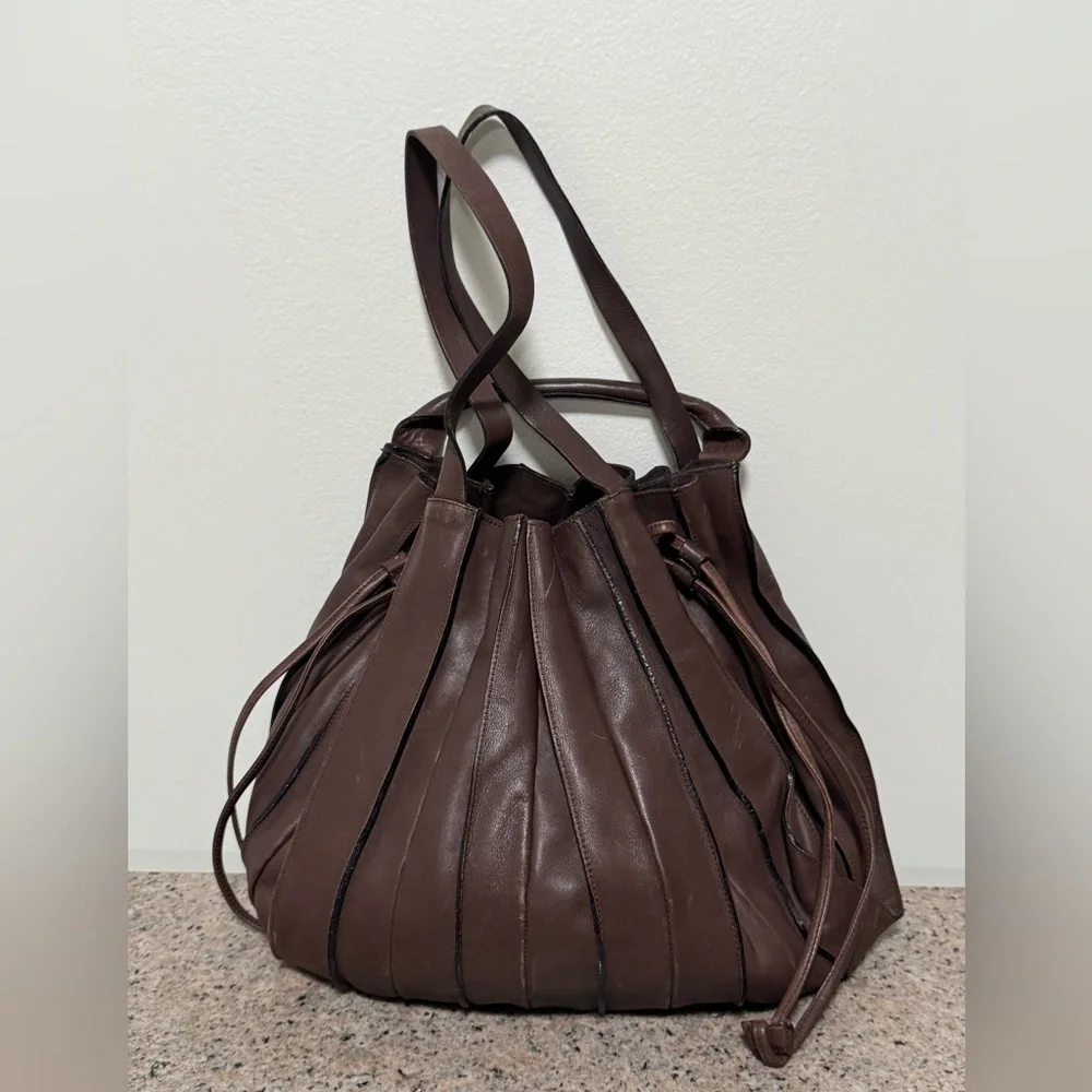LUPO Barcelona Brown‎ Leather Pleated Backpack/ handbag